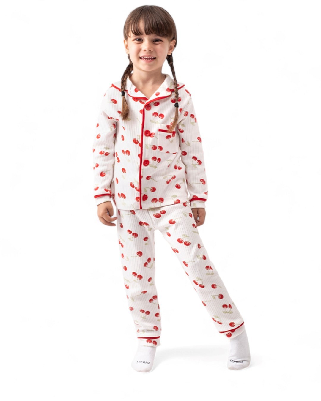 Kız Çocuk Kiraz Baskılı Kruvaze Yakalı, Fitilli Mevsimlik Gecelik Pijama Takımı 2-6 Yaş R2187