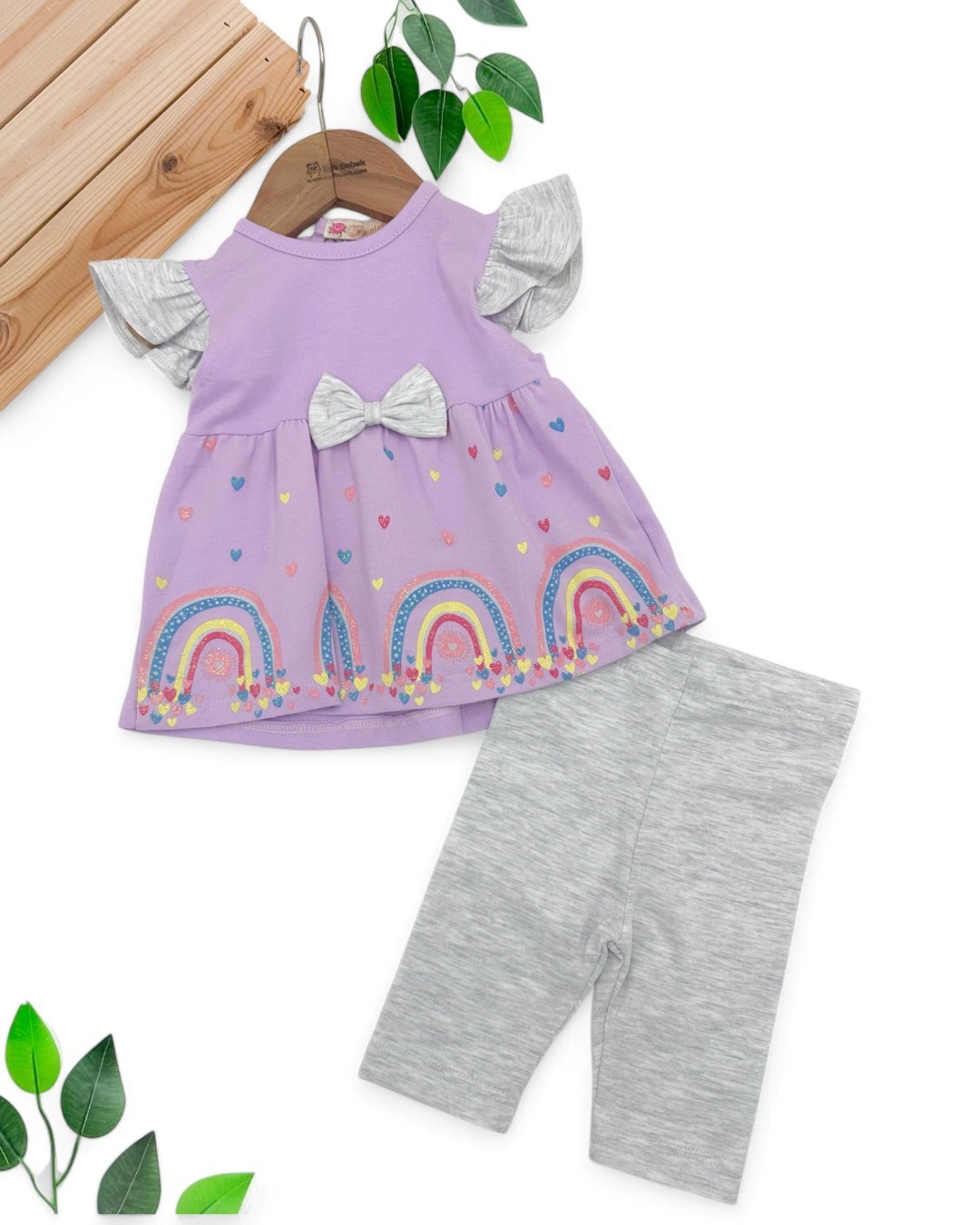 KIZ BEBEK GÖKKUŞAĞI BASKILI  ESNEK LİKRALI TAYTLI 3-6-9-12-18 AY YAZLIK TAKIM R1741 - LİLA