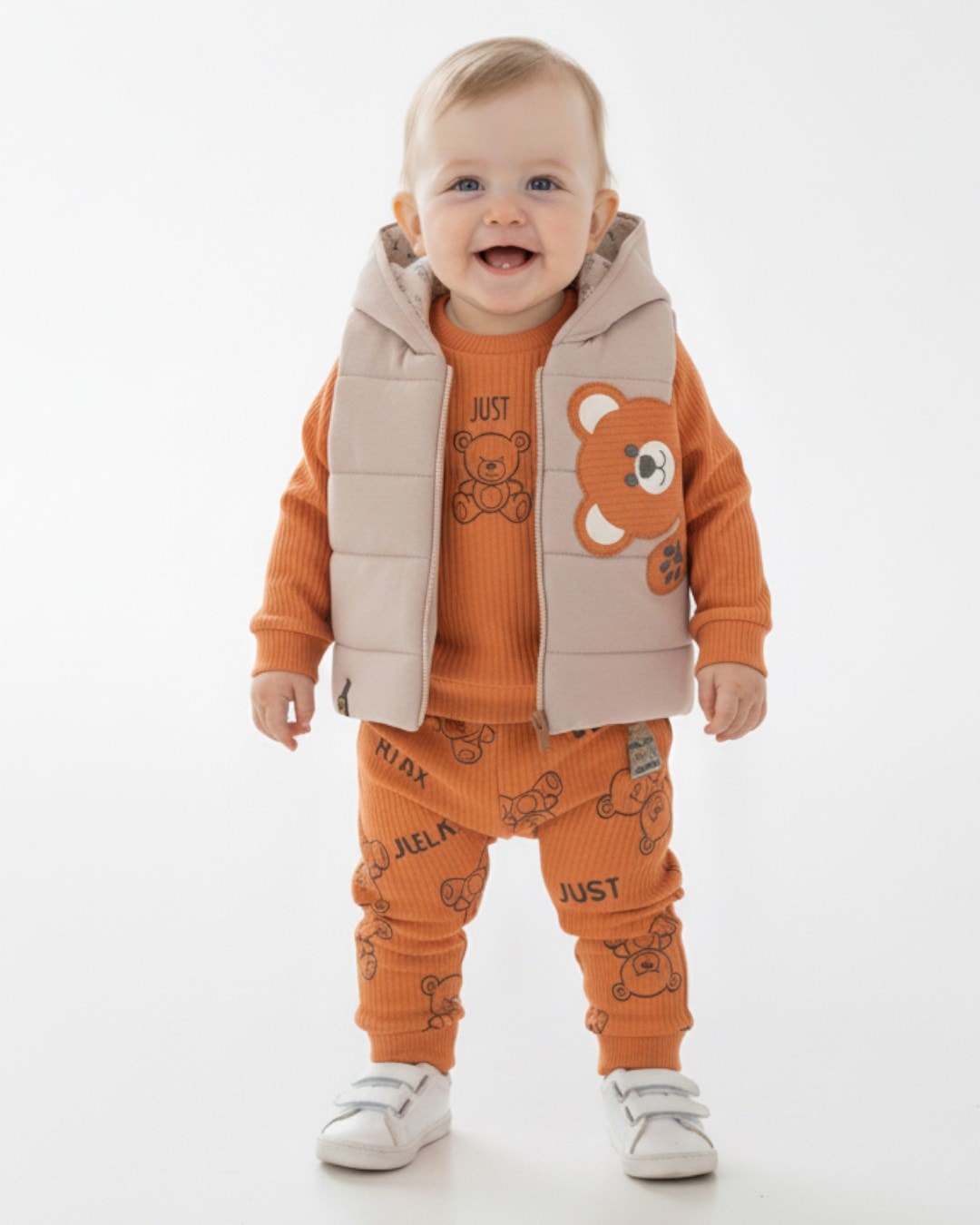 Erkek Bebek Şişme Yelekli 3 Parça Şık Alt Üst Takım / 6-9-12-18 Ay Mevsimlik 3'lü Cool Takım R2305 - TAŞ