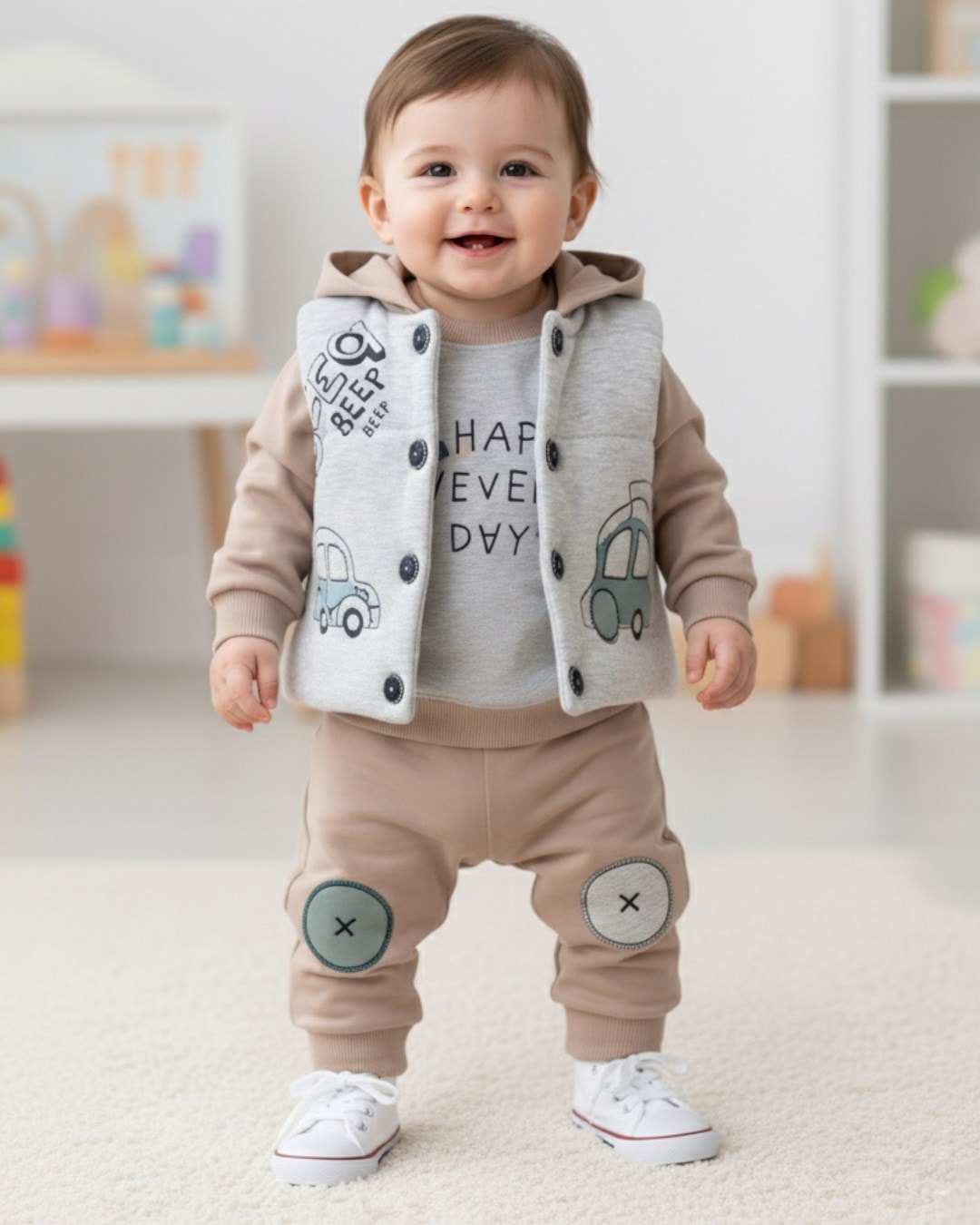 Erkek Bebek Elyaf Yelekli 3 Parça Şık Alt Üst Takım / 6-9-12-18 Ay Mevsimlik 3'lü Cool Takım R2306