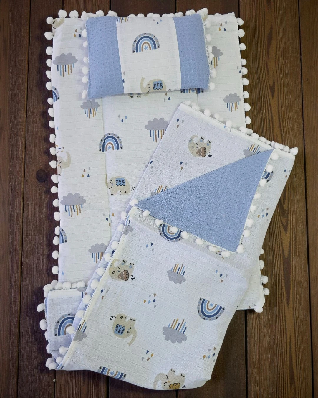 Battaniyeli, Yastıklı 3'lü Alt Açma Minderi Seti, Müslin Desenli Alt Açma R2367 - MODEL 2