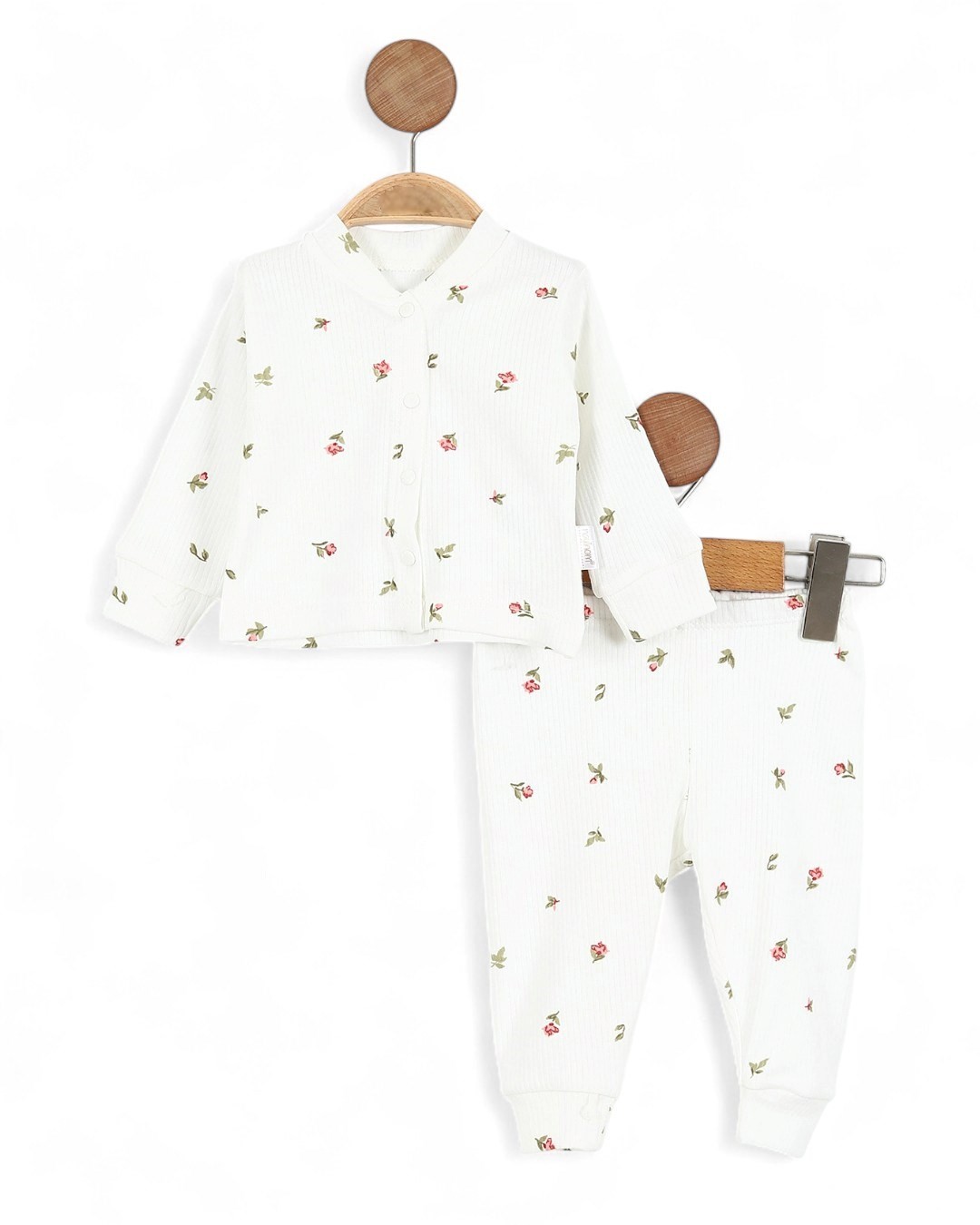 Kız Bebek Lale Baskılı İnce Fitilli Gecelik Pijama Takımı Çıtçıtlı  Alt Üst Takım  R1474 - BEYAZ