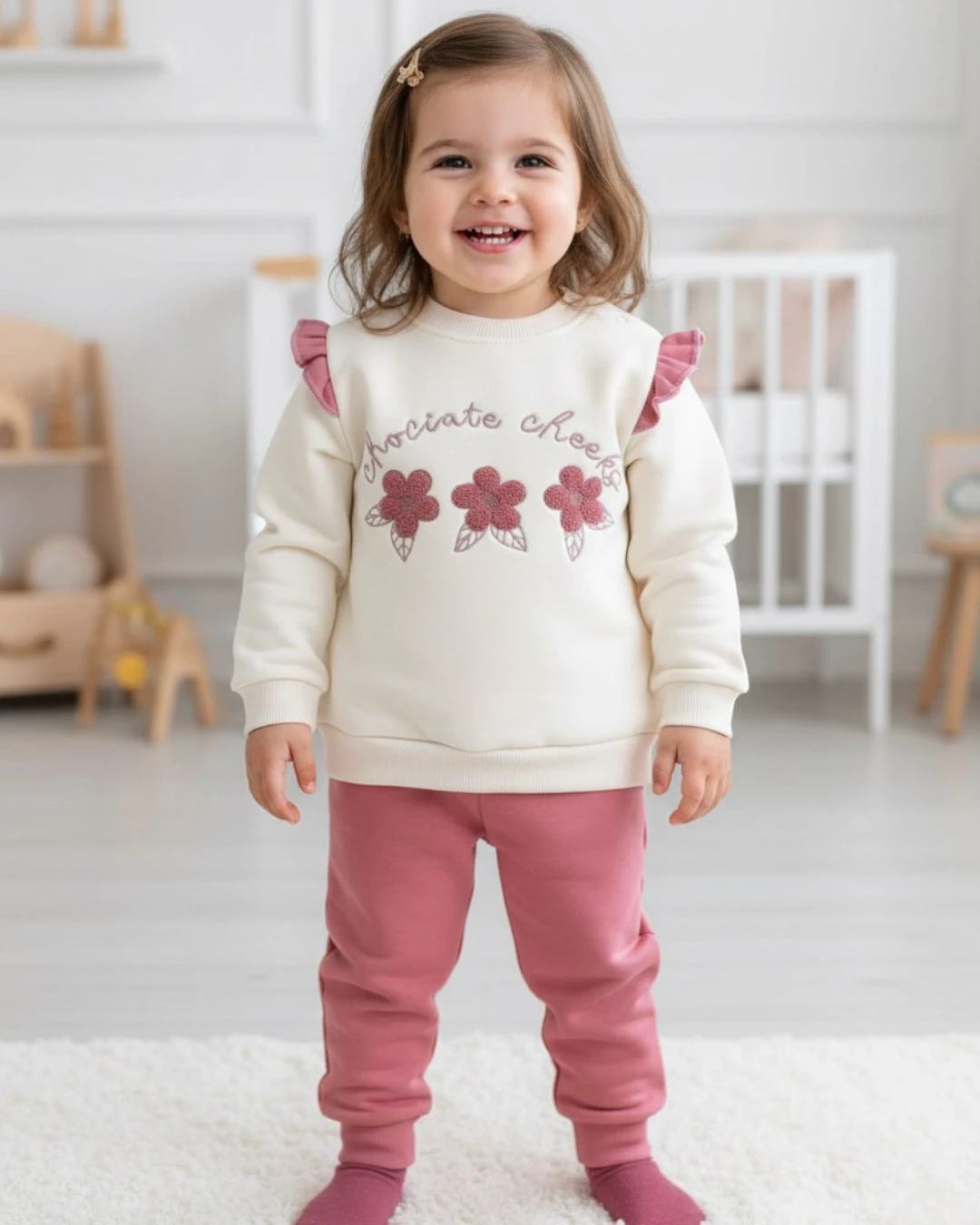 Kız Bebek Papatya Nakışlı, Fırfırlı, 3 İp Şardonlu Kışlık 6-9-12-18-24 Ay Şık Eşofman Takımı R2352 - GÜL KURUSU