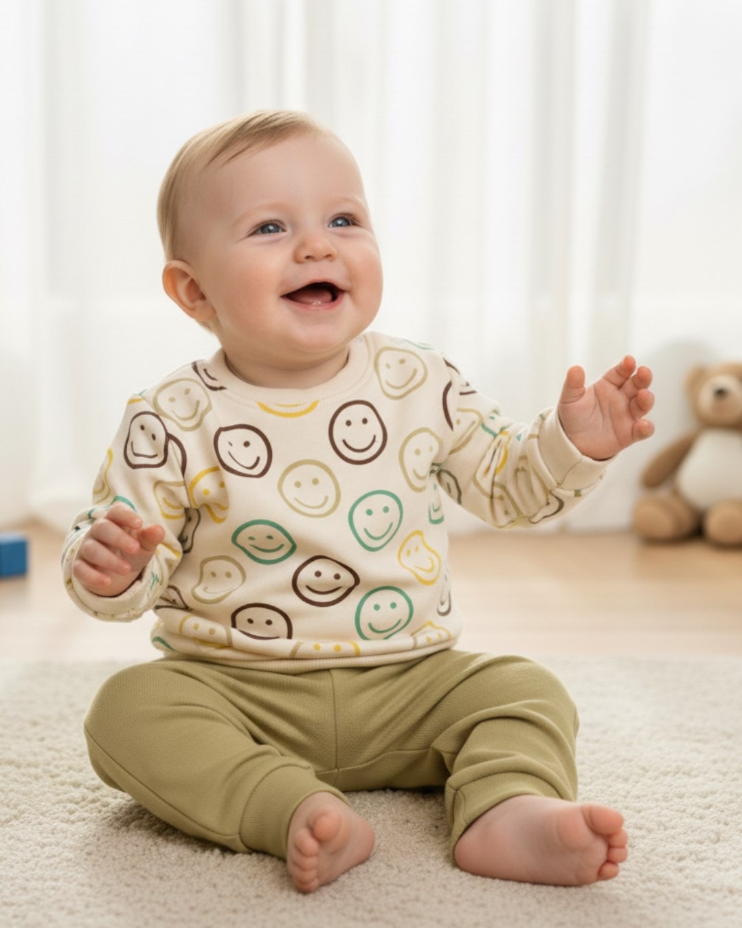 Erkek Bebek Smile Gülücük Baskılı Yeni Doğan 3-6-9-12 Aylık 2 İplik Mevsimlik Alt Üst Bebek Takımı R1219 - KREM