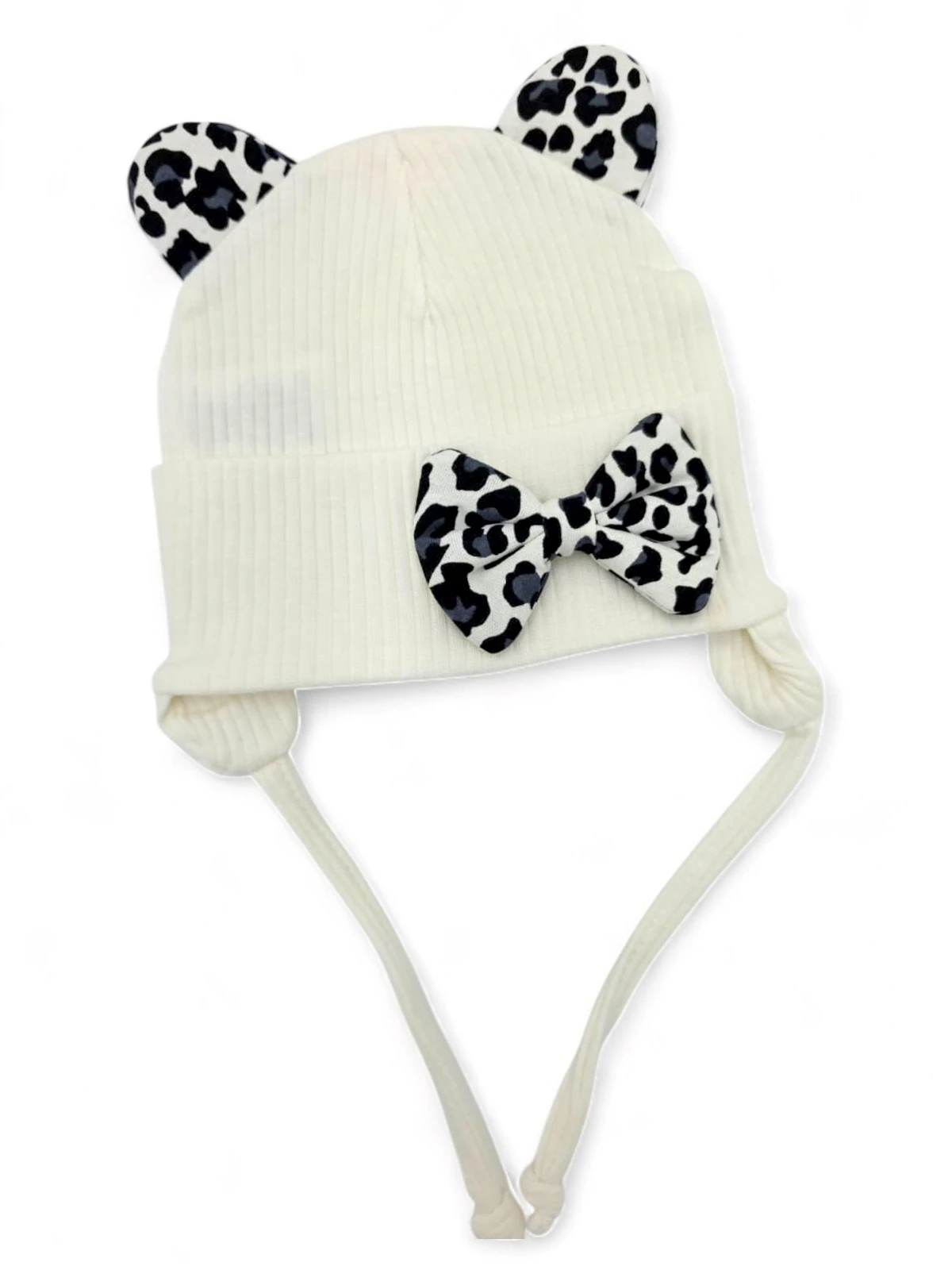 Kız Bebek Leopar Desenli Fiyonklu Kulaklı Bere 0-12 AY BR37 - EKRU