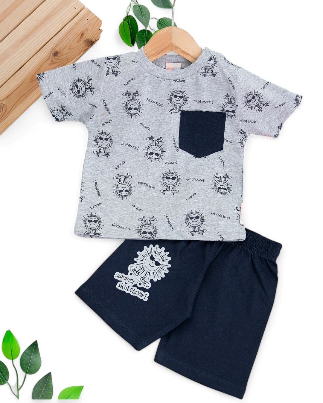 ERKEK BEBEK YAZLIK BASKILI CEP DETAYLI 6-9-12-18-24 AY ŞORTLU BEBEK TAKIMI R1691 - GRİ
