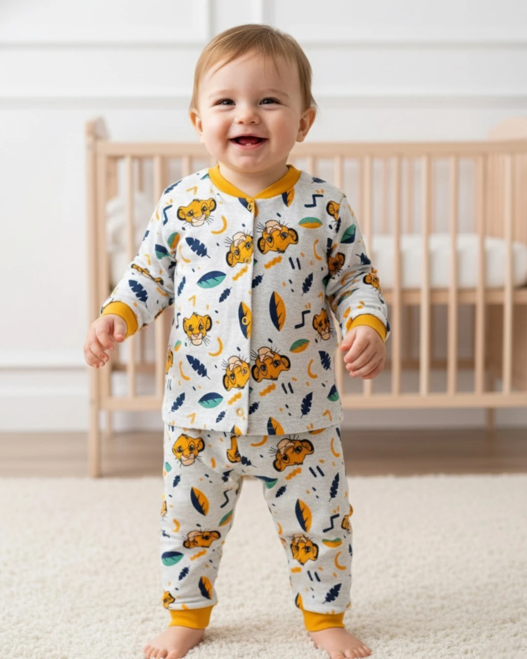 Erkek Bebek Aslan Kral Baskılı Mevsimlik %100 Pamuklu Çıtçıtlı Gecelik Pijama Takımı R2252