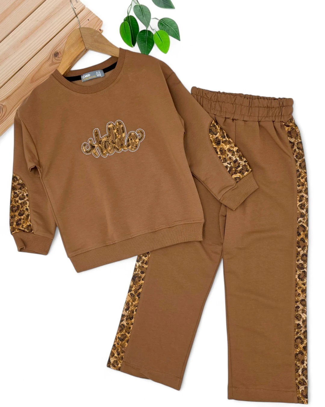 Kız Çocuk Boydan  Leopar Ve Dantel Detaylı 2 İplik Mevsimlik Compact Geniş Paçalı Şık Eşofman Takımı  R2192