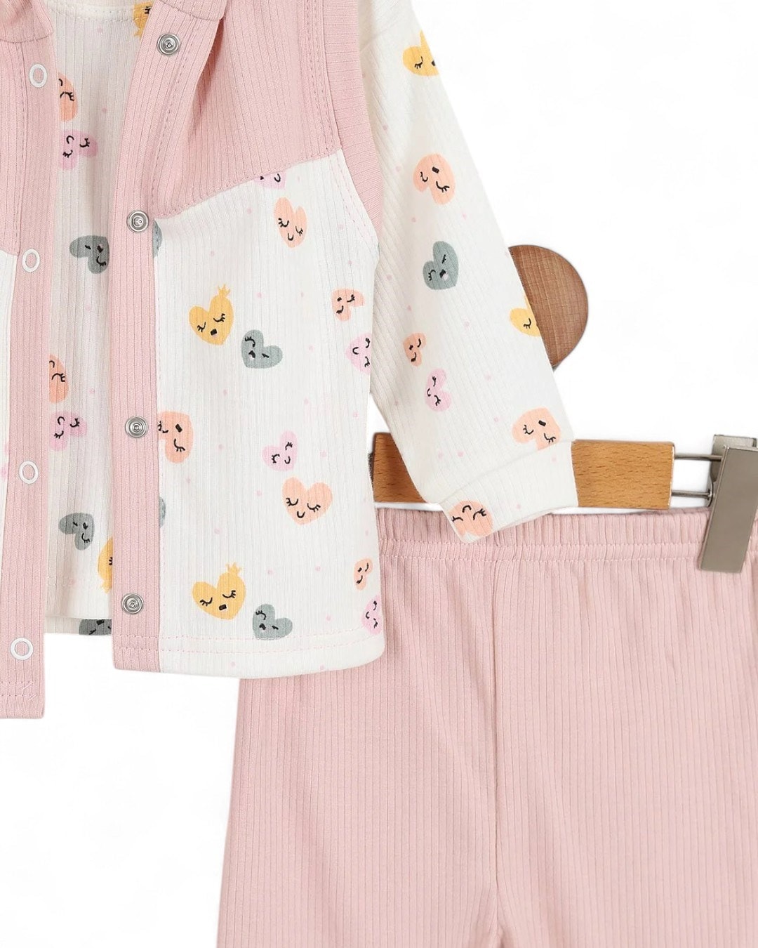 Kız Bebek Fitilli Kalp Baskılı Yelekli 3 Parça Şirin 6-12 Ay Bebek Takımı R2170