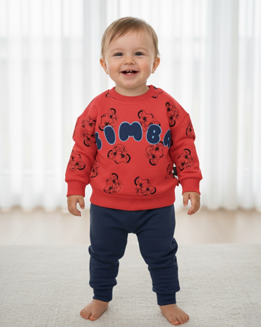 Erkek Çocuk Simba Baskılı 3 İp Şardonlu Kışlık 3-6-9-12-18 Ay Bebek Takımı R1452 - KIRMIZI