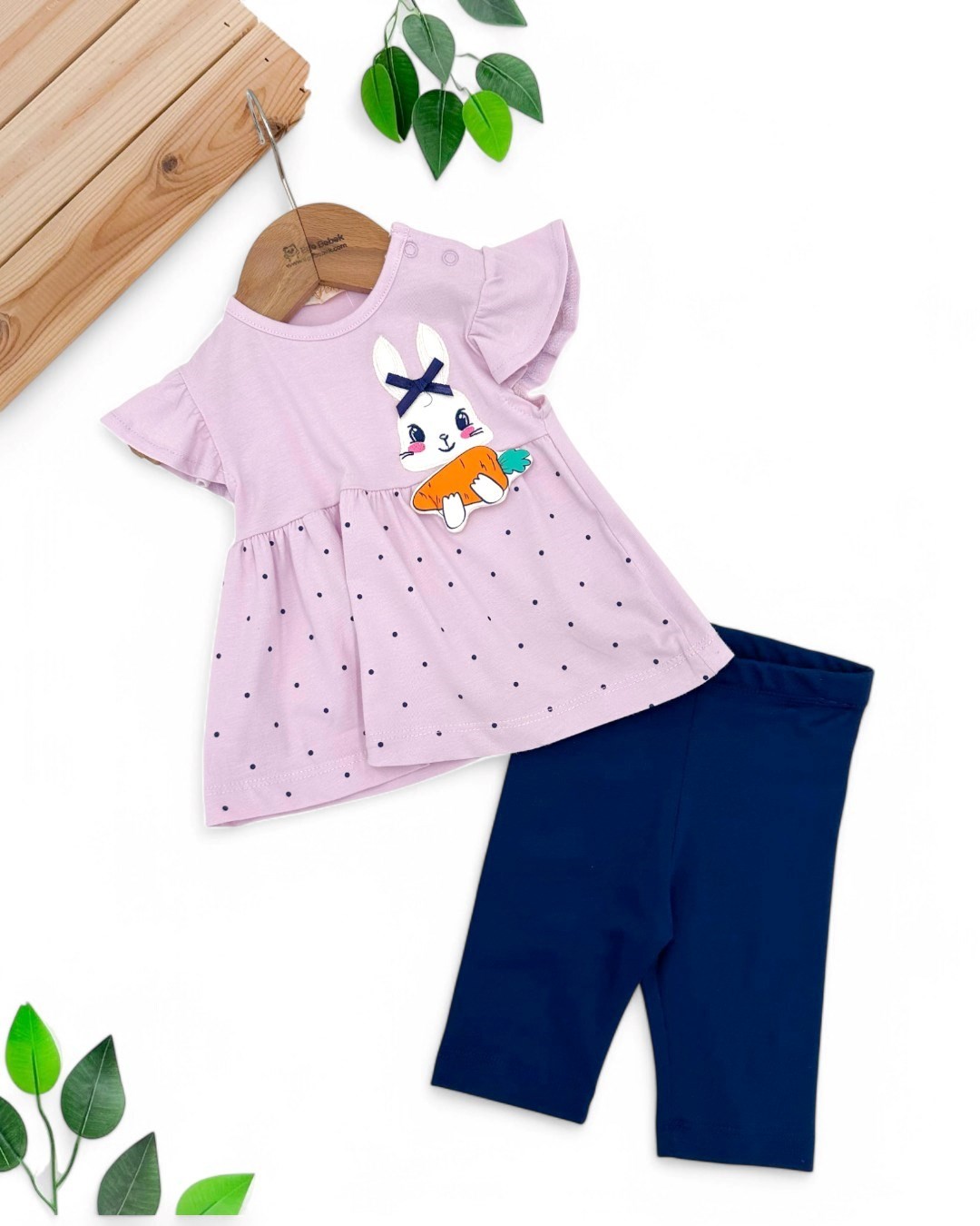 KIZ BEBEK 3-6-9-12-18 AY TAVŞAN VE HAVUÇ DETAYLI YAZLIK LİKRALI ESNEK TAYTLI TAKIM R1738 - LİLA