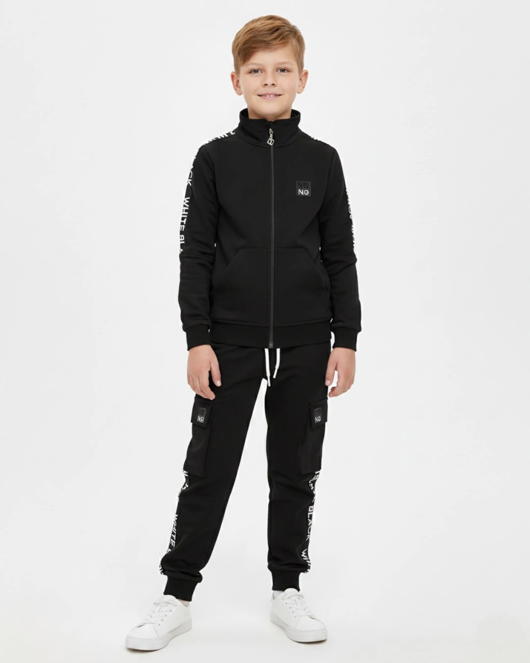 Erkek Çocuk Mevsimlik 6-9 Yaş Fermuarlı Ceketli, Kargo Cepli Eşofman Altlı Alt Üst Eşofman Takımı R2414 - SİYAH