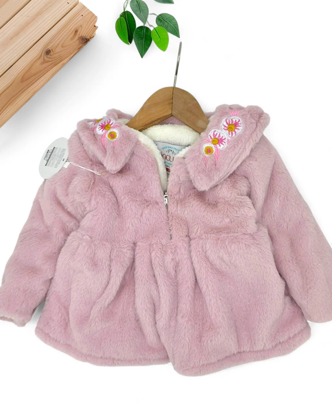 Kız Çocuk 2-3-4-5-6-7 Yaş Yakası Çiçek Nakışlı Peluş Mont R2243