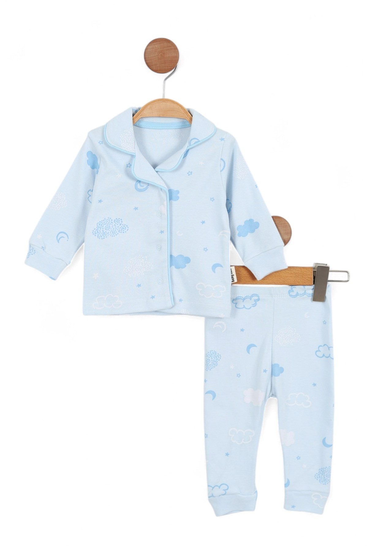Bulut Baskılı Kruvaze Yakalı 3-6-9-12 Ay %100 Pamuklu Pijama Takımı l Gecelik Takımı R2040