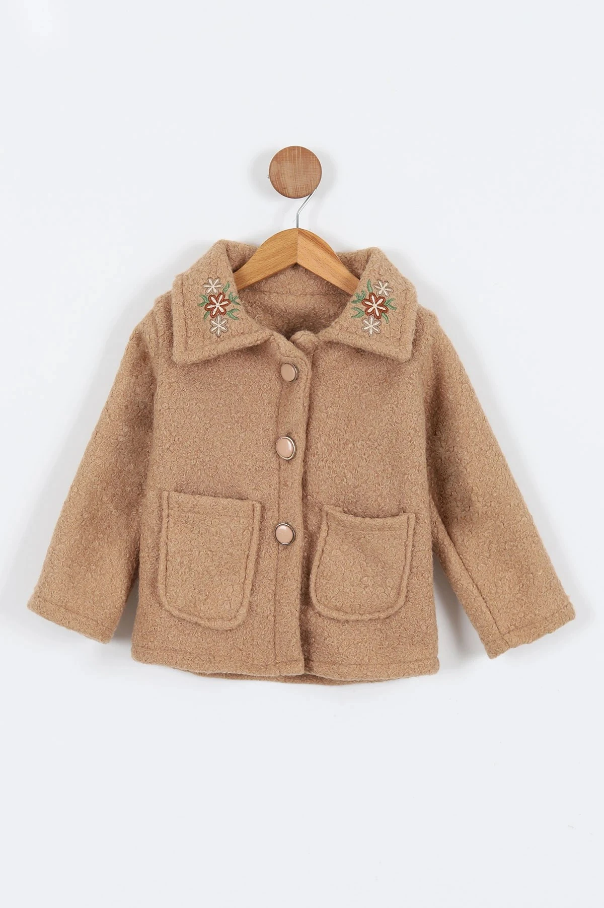 Kız Çocuk Çiçek Nakışlı Yakalı 2-3-4-5-6-7 Yaş Düğmeli Kaban OT98