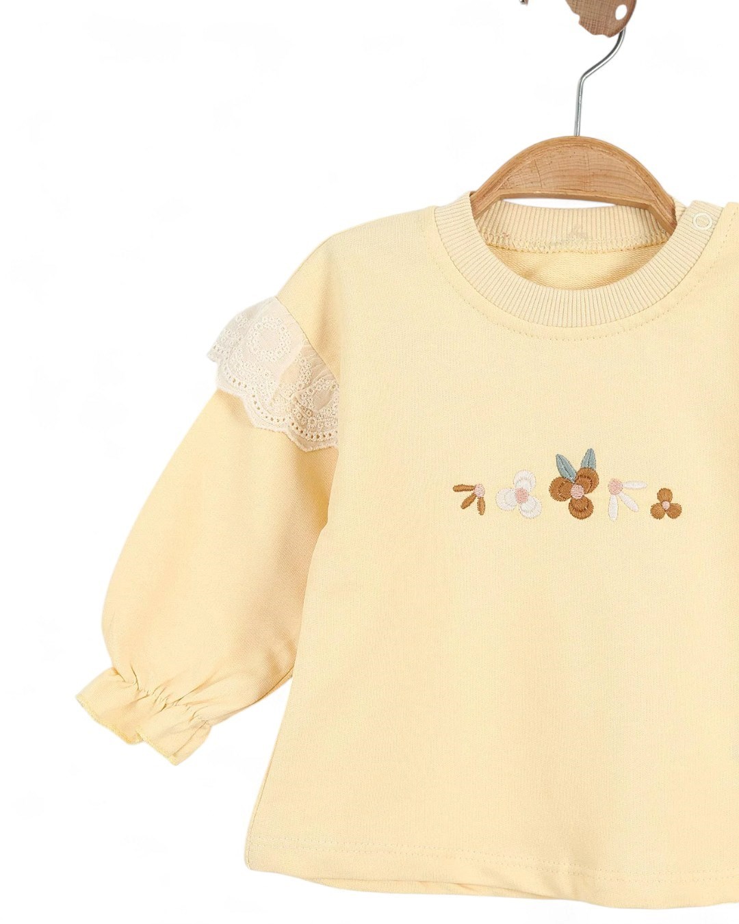 Kız Bebek Çiçek Nakışlı Brode Kol Detaylı Sweat, Bol Paça Baskılı Taytlı 6-9-12-18-24 Ay Şık Takım R2078