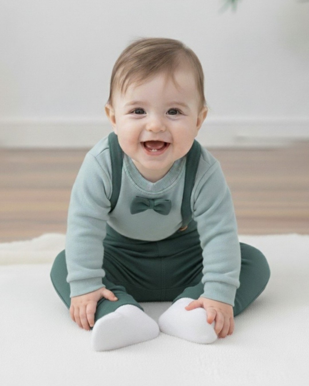 Erkek Bebek Papyonlu Kendinden Askılıklı Bodyli 2 İplik Mevsimlik Şık Bebek Takımı 3-6-9-12 AY R1378 - YEŞİL