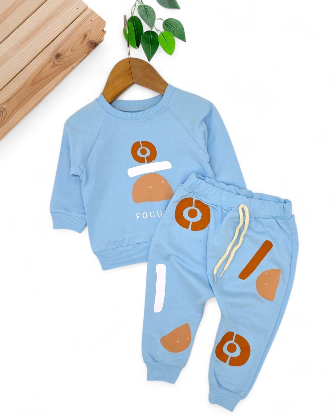 Erkek Bebek Mevsimlik Focus Baskılı Sweatshirt ve Altlı 6-9-12-18-24 Ay Şık Bebek Takımı R2113 - MAVİ