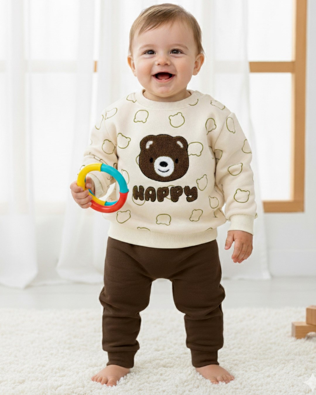 Erkek Bebek Kışlık 3 İp Şardonlu, Ayıcık Nakışlı Baskılı Şık Alt Üst Takım, 6-9-12-18-24 Ay / R2334 - KAHVE