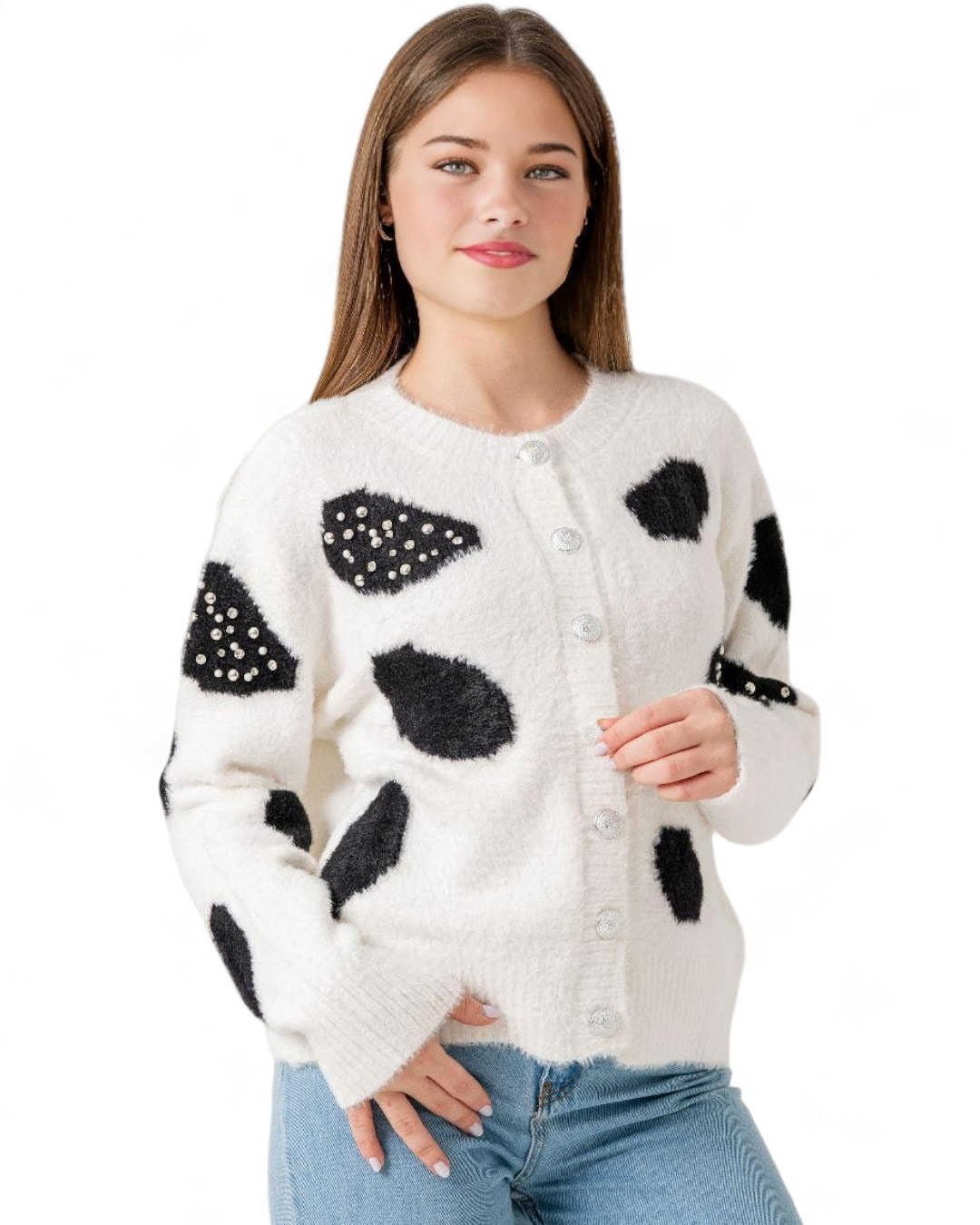 Kız Çocuk Tüylü Triko Hırka, 9-10-11-12-13-14-15 Yaş, Taş İşlemeli Düğmeli Hırka R2332