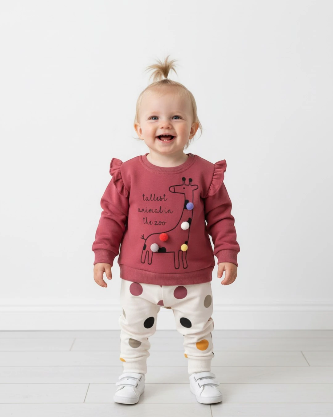 Kız Bebek Ponponlı Zürefa Baskılı 3-18 Ay Mevsimlik 2'li Alt Üst Takım R2031 - GÜL KURUSU