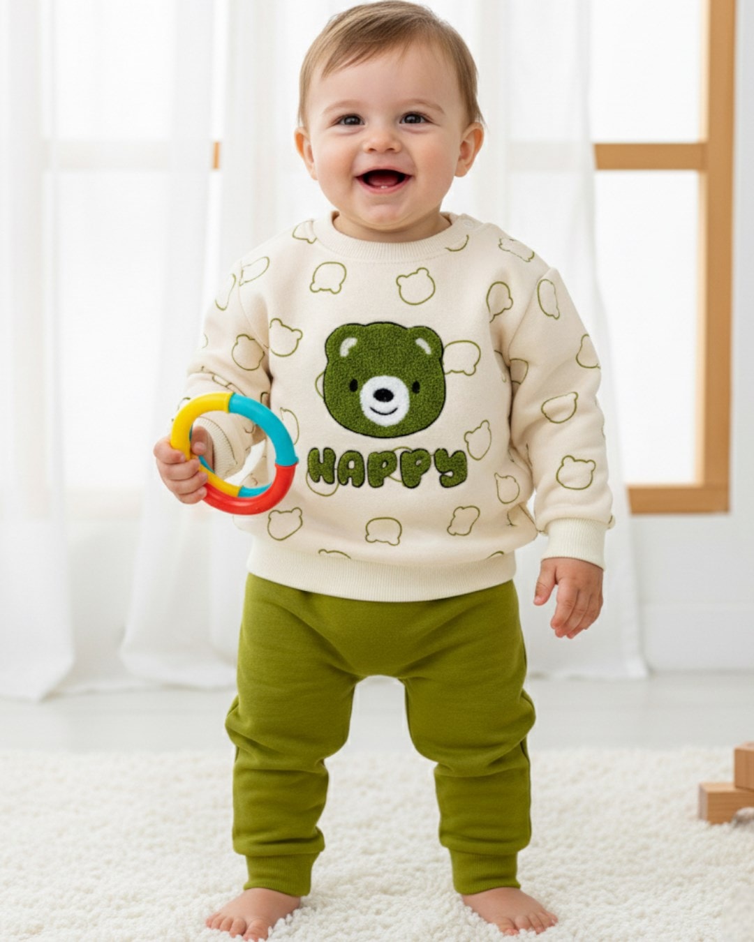 Erkek Bebek Kışlık 3 İp Şardonlu, Ayıcık Nakışlı Baskılı Şık Alt Üst Takım, 6-9-12-18-24 Ay / R2334 - YEŞİL