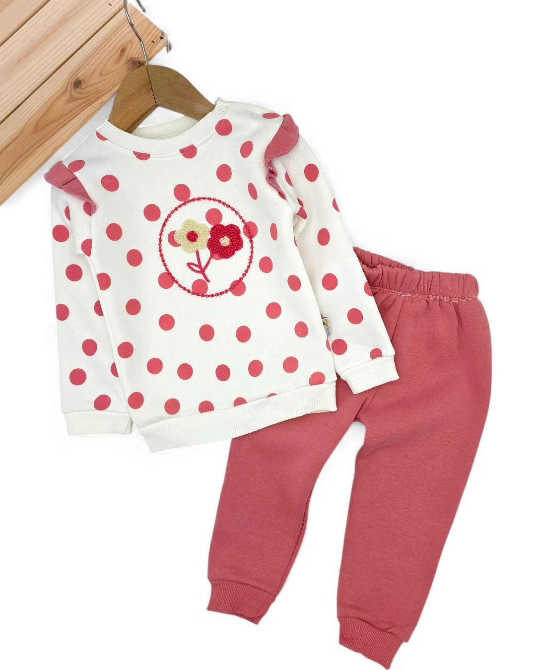 Kız Bebek Puantiyeli Nakışlı, Kışlık 3 İp Şardonlu 6-9-12-18-24 Aylık Alt Üst Bebek Takımı R2392