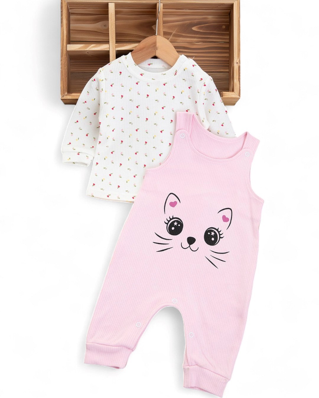 Kız Bebek Fitilli Kedi Baskılı Bahçıvan Salopet Tulum Yenidoğan 3-6-9 Ay Mevsimlik Uzun Kollu Tulum R337 - PEMBE