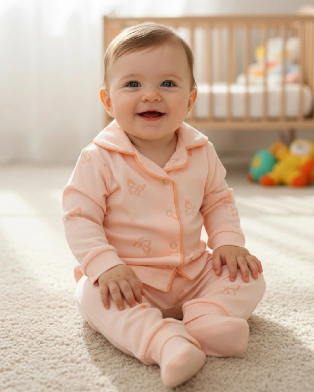 Kız Bebek Kelebek Baskılı Kruvaze Yakalı %100 Pamuklu Lüx Gecelik Alt Üst 2'li Takım R2376 - SOMON