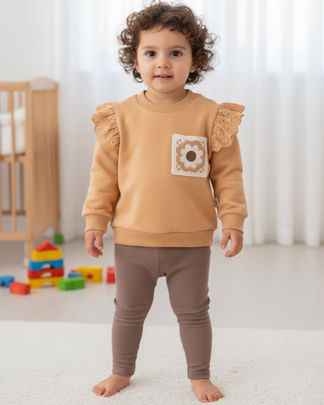 Kız Bebek Çiçekli Cep Detaylı Fitilli Taytlı 6-9-12-18-24 Ay Mevsimlik Kız Takım R2120 - KAHVERENGİ