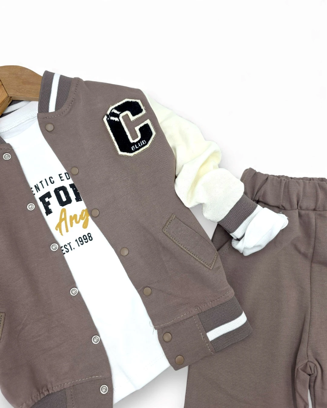 Erkek Çocuk Mevsimlik C Nakışlı Kolej Ceketli, Pantalonlu Sweatshirtlü 3'lü Şık Alt Üst Takım R2384