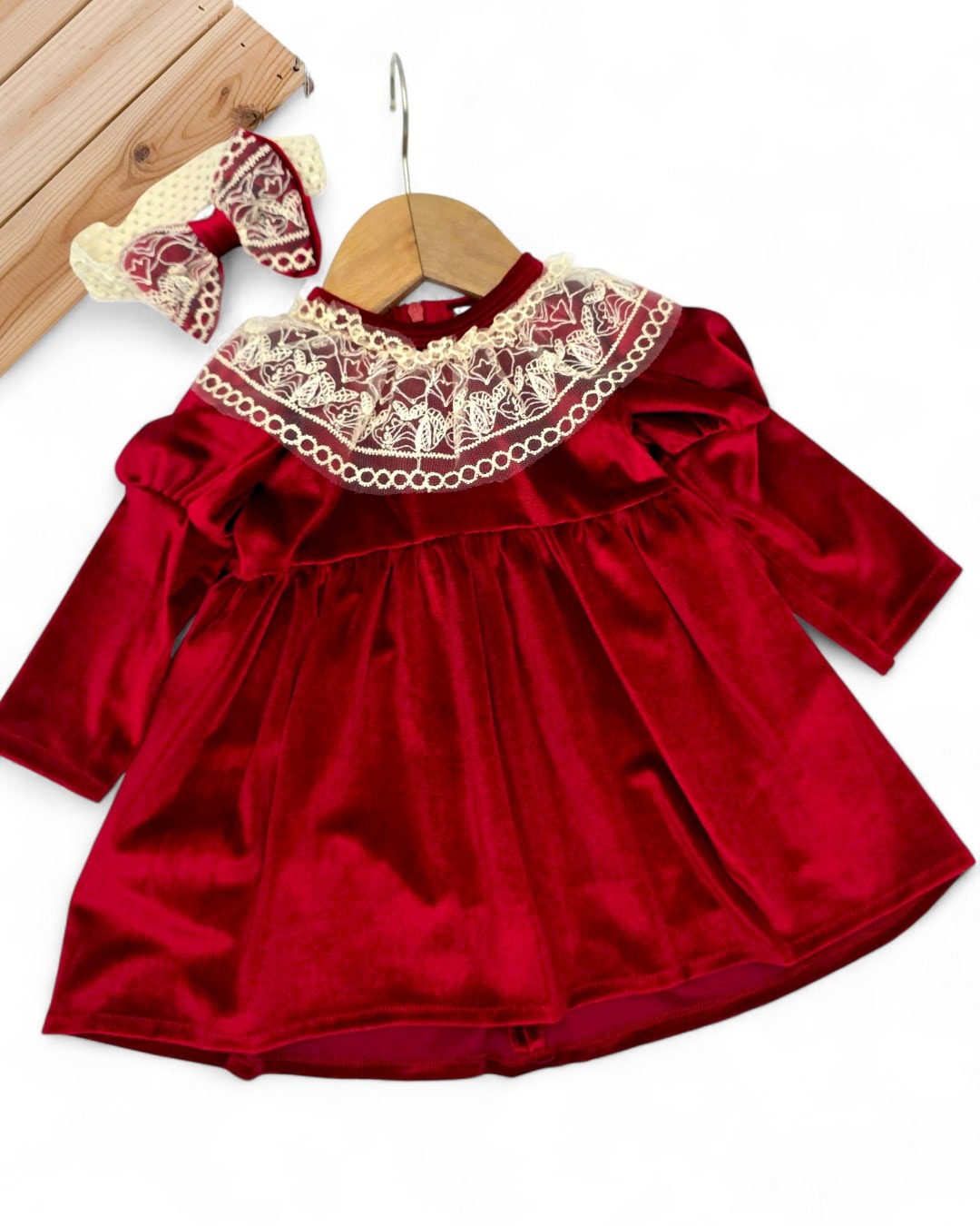 Kız Bebek Dantel Yakalı, 3-6-9-12-18 Aylık Bandanalı Kadife Elbise, İçi Astarlı Kadife Elbise R2330