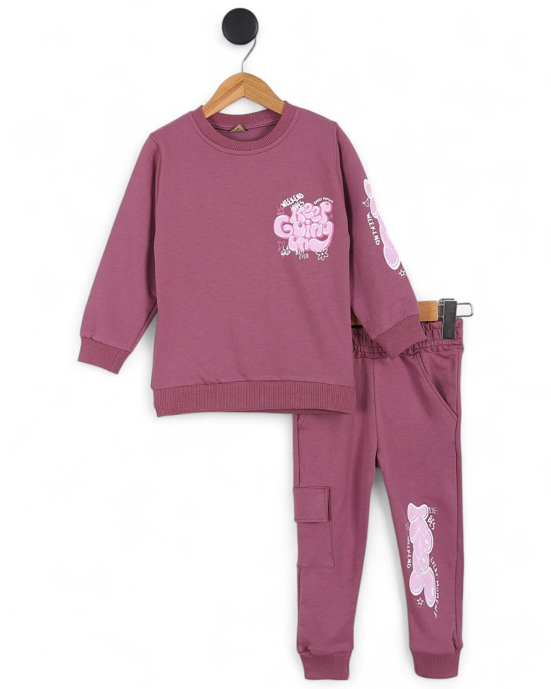 Kız Çocuk Sırtı Baskılı Sweatshirt ve Kargo Cepli Eşofman Altlı 6-7-8-9-10 Yaş Eşofman Takımı  R2143 - MÜRDÜM