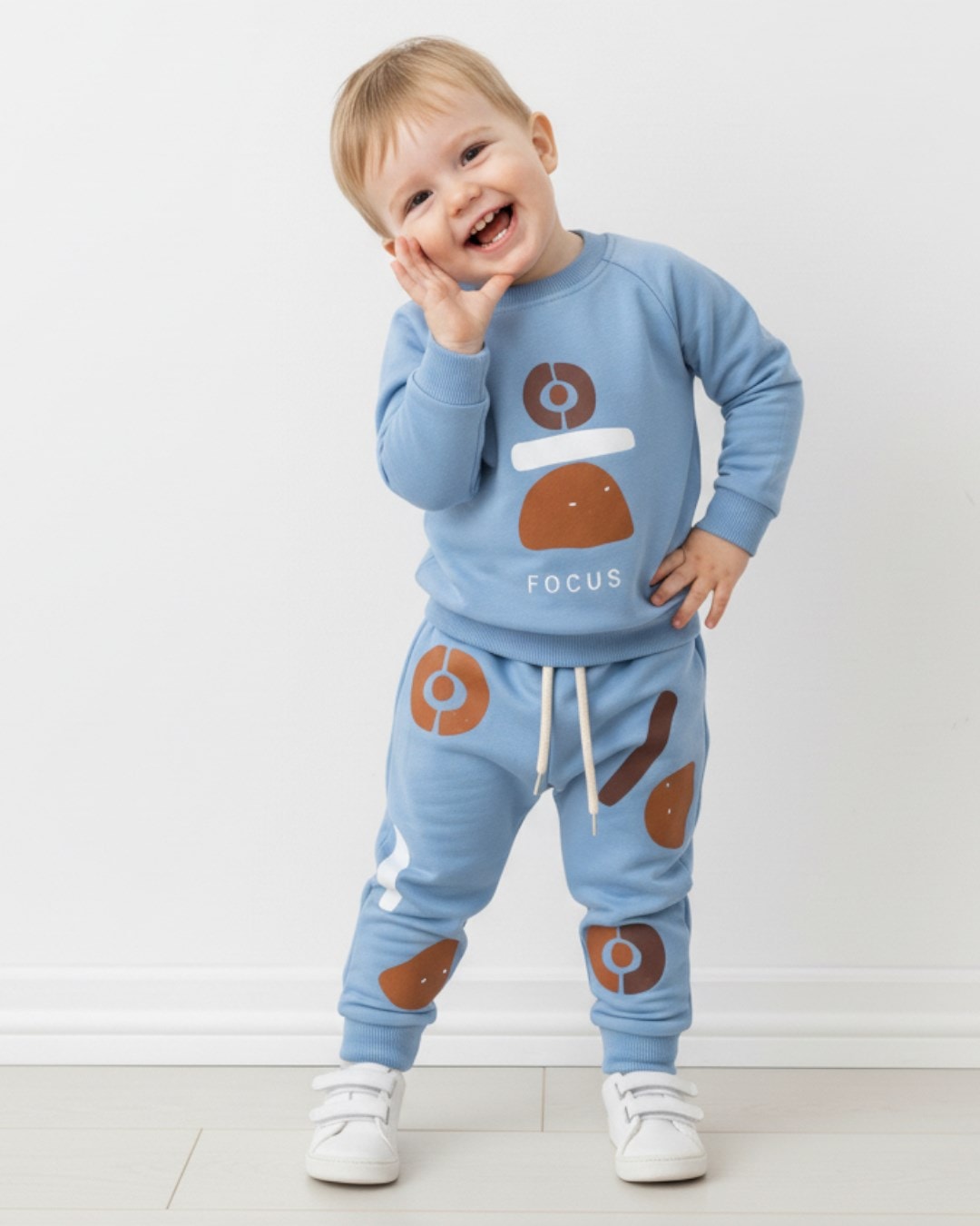 Erkek Bebek Mevsimlik Focus Baskılı Sweatshirt ve Altlı 6-9-12-18-24 Ay Şık Bebek Takımı R2113 - MAVİ