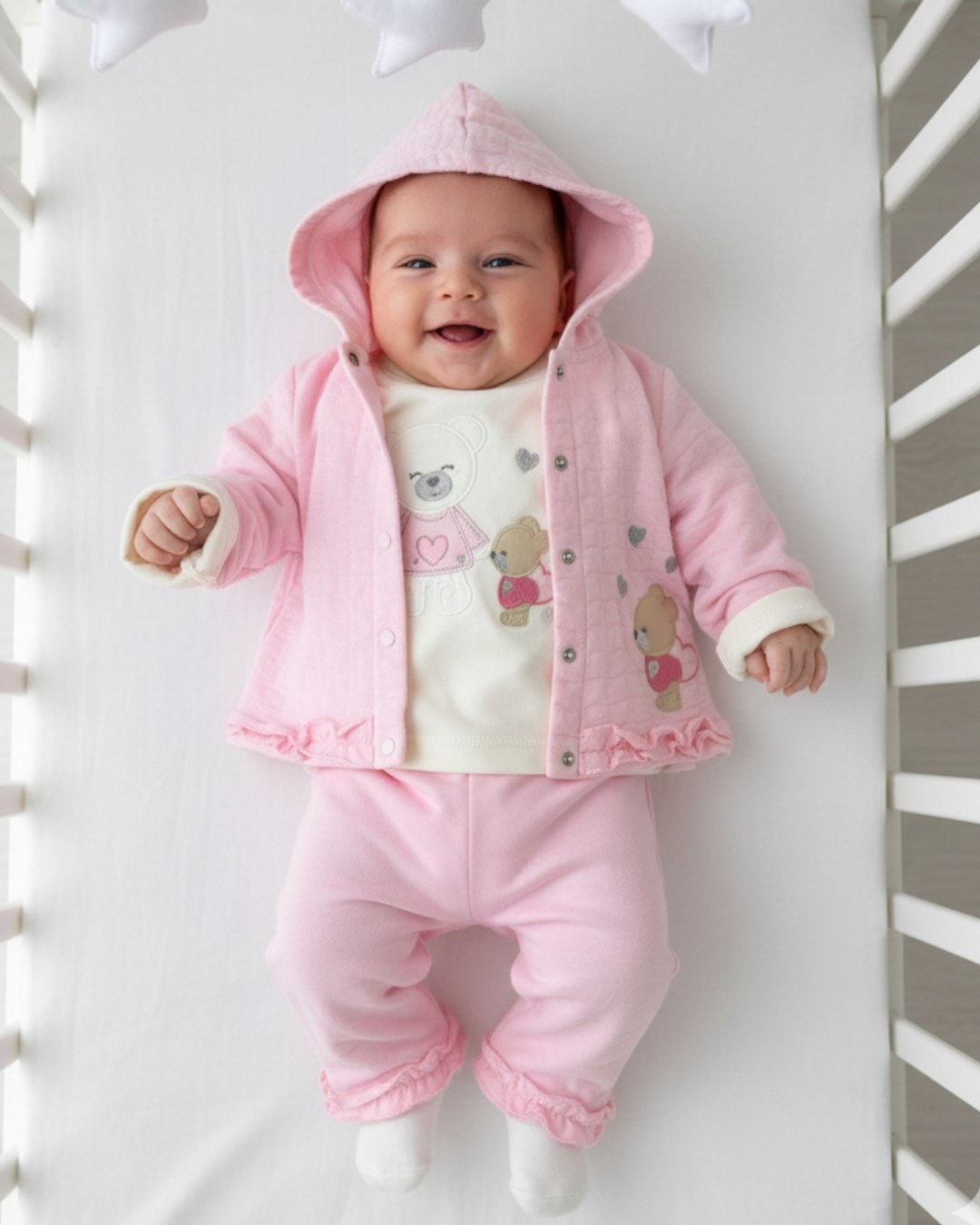 Yeni Doğan 0-3-6-9-12 Ay Kız Bebek Ayıcık İşlemeli Kapüşonlu 3'lü Takım | %100 Pamuk R2222 - PEMBE
