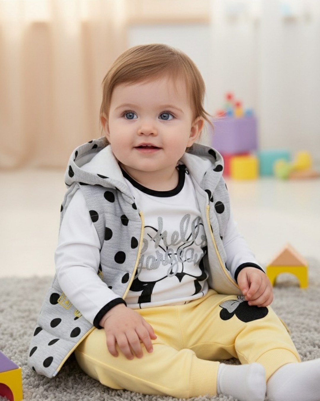 Kız Bebek Minnie Mouse Baskılı Şişme Yelekli, 3 Parça Mevsimlik 6-9-12-18 Ay Kız Bebek Takımı R1198
