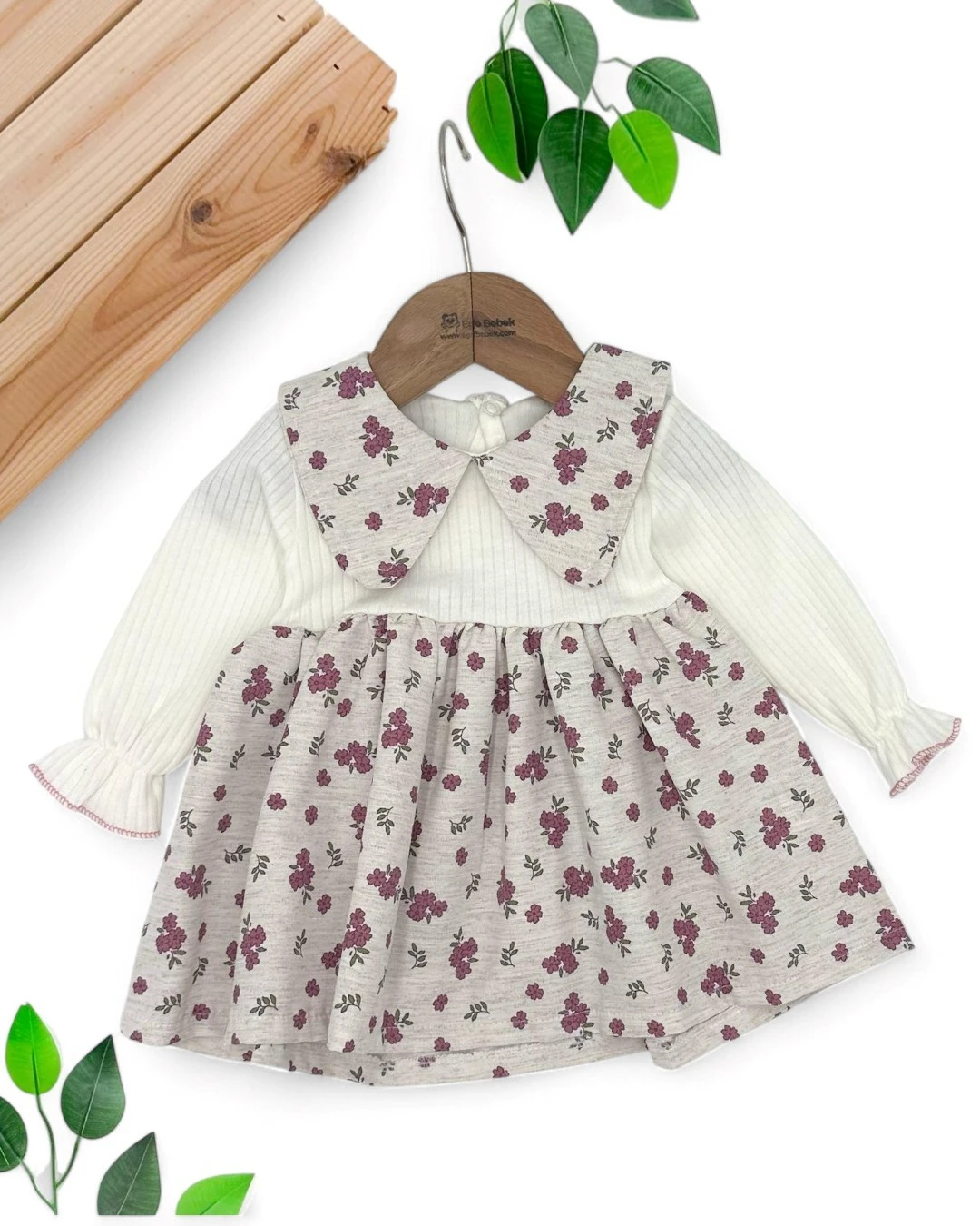 KIZ BEBEK ÇİÇEK BASKILI YAKA DETAYLI  KETEN ELBİSE 3-6-9-12-18 AY BEBEK ELBİSE R1556 - MÜRDÜM