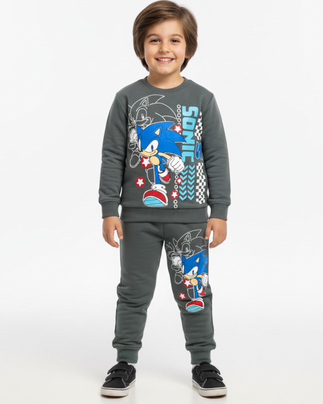 Sonic Baskılı Erkek Çocuk Mevsimlik İnce Eşofman Takımı l İnterlok Kumaş %100 Pamuklu l 2-10 Yaş l R2251 - GRİ