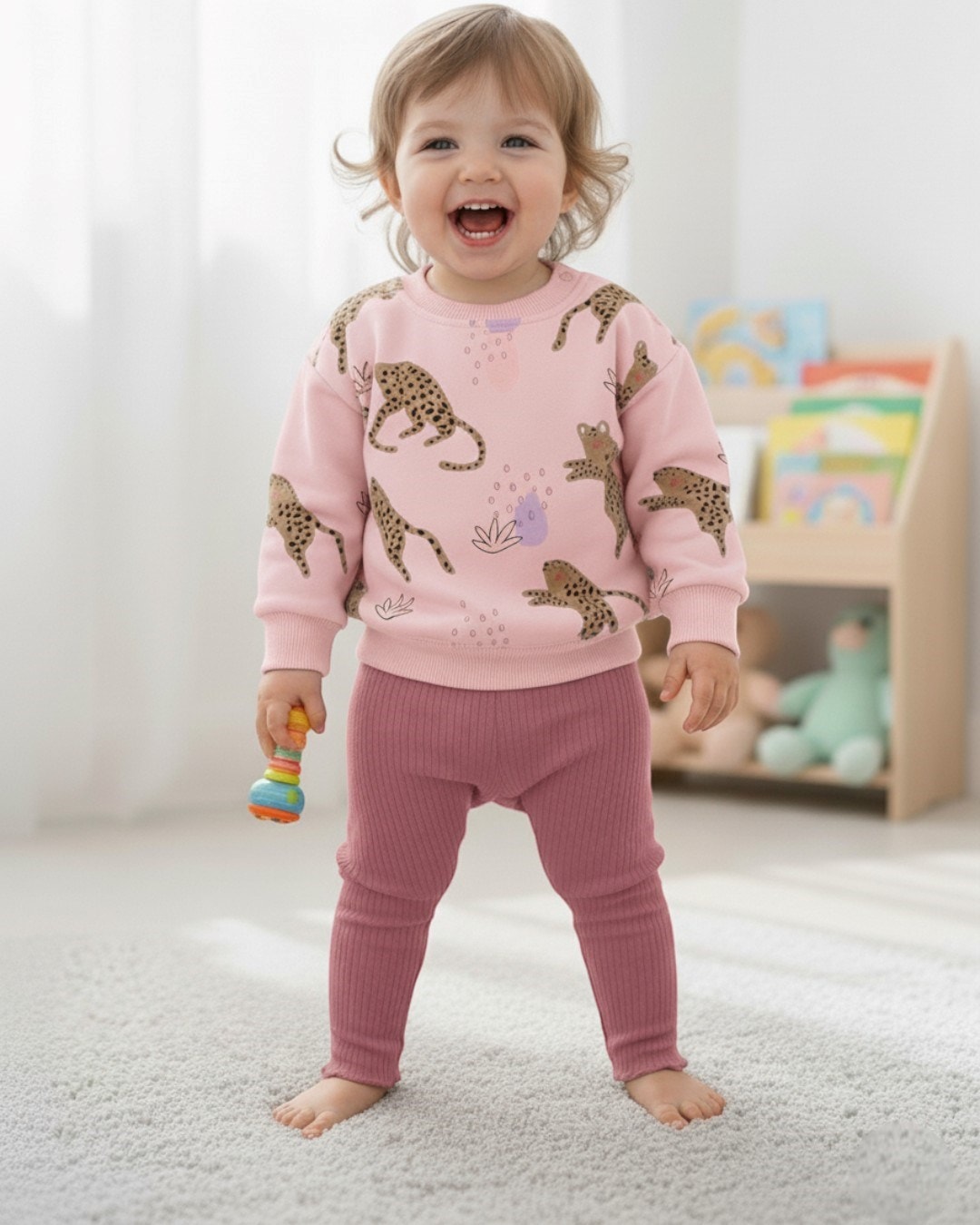 Kız Bebek 3-6-9-12-18 Ay Taytlı Leopar Baskılı Mevsimlik Alt Üst Şık Kız Takımı  R1532 - MÜRDÜM