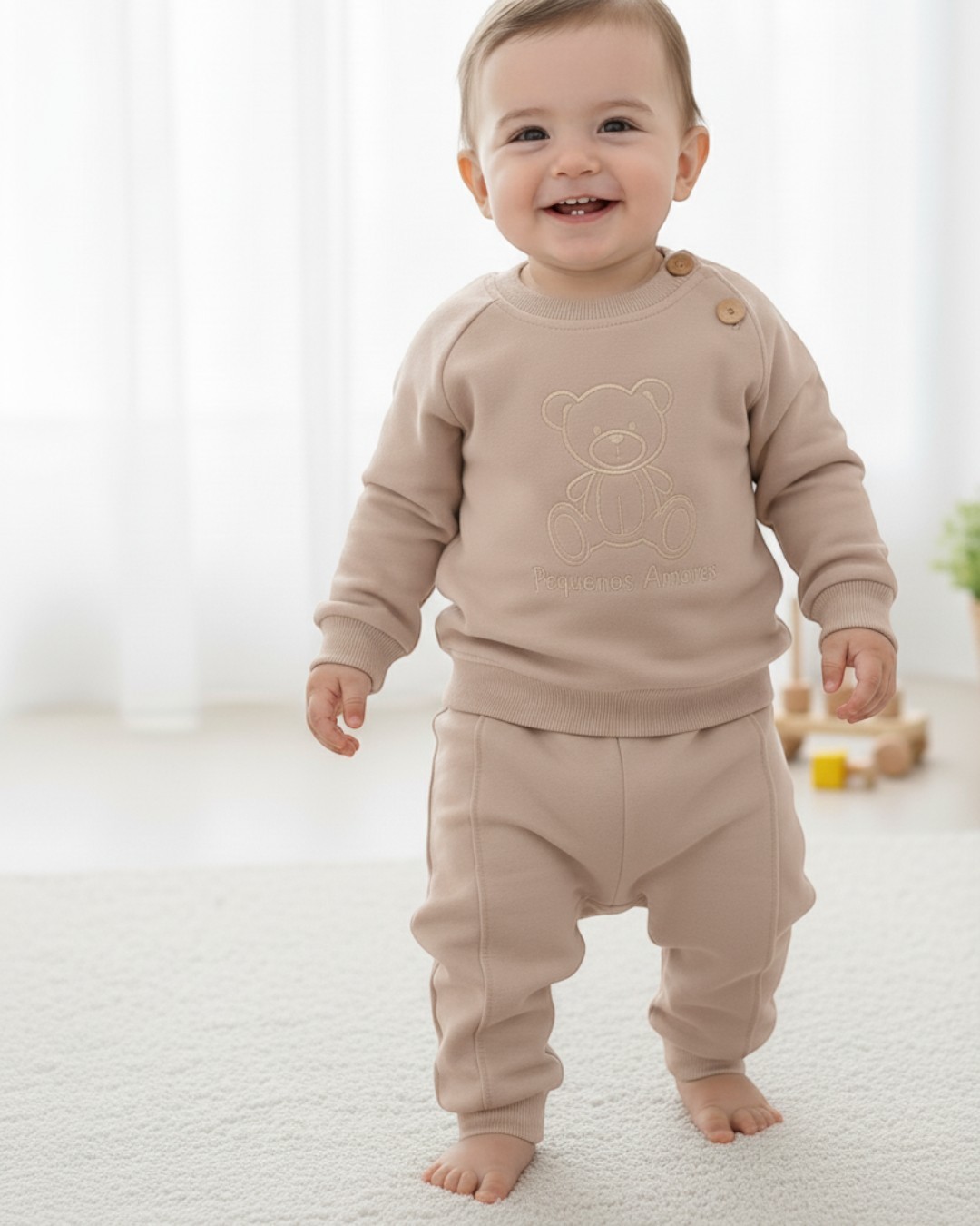 Erkek Bebek 3-6-9-12-18 Ay Şirin Ayıcık Nakışlı, 2 İplik Mevsimlik, %100 Pamuklu Çimalı Bebek Takımı R1509 - BEJ