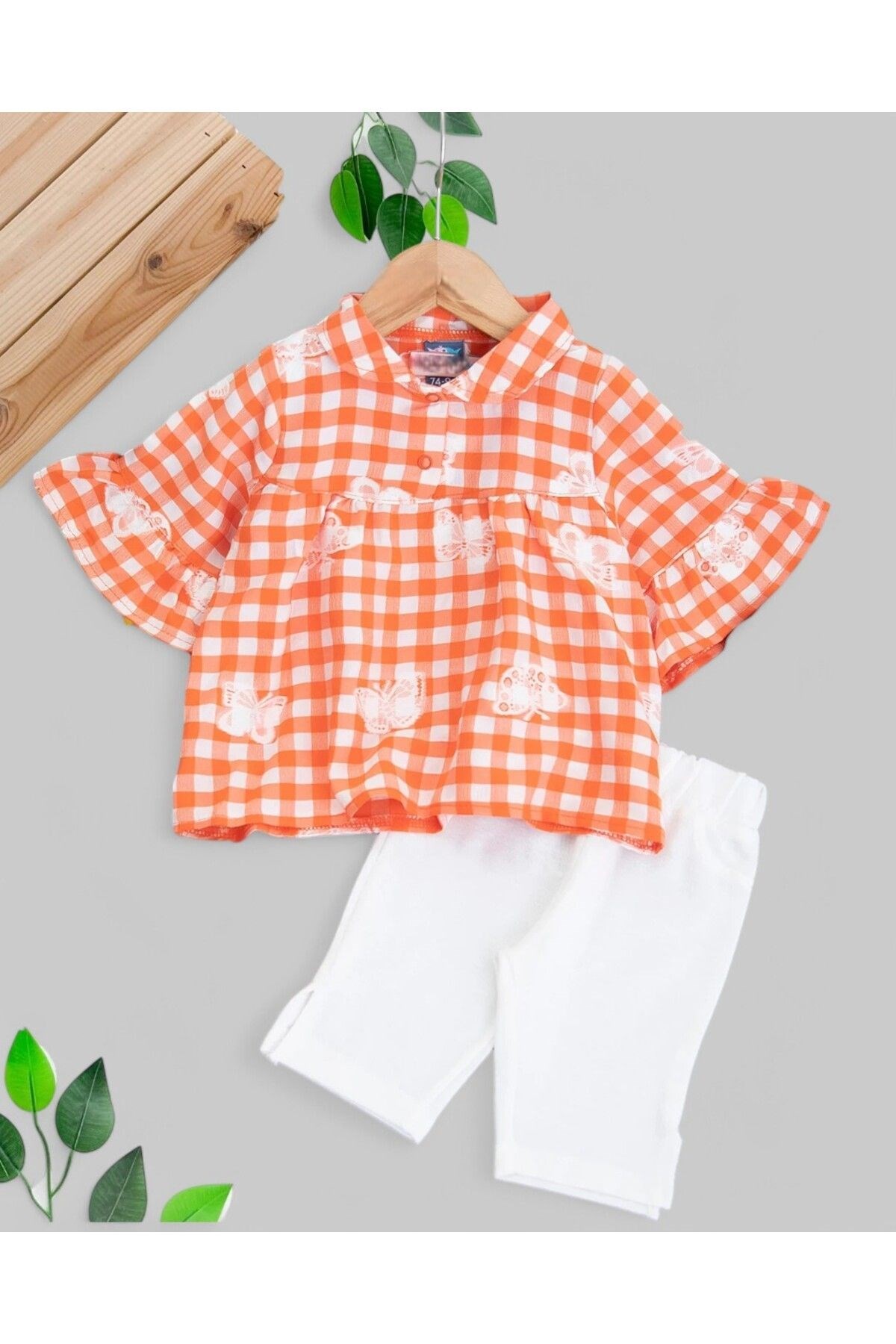 KIZ BEBEK YAZLIK KARELİ BLUZLU KELEBEK NAKIŞLI MÜSLİN TAYTLI 6-9-12-18-24 AY ŞIK BAYRAMLIK TAKIM R1683 - TURUNCU