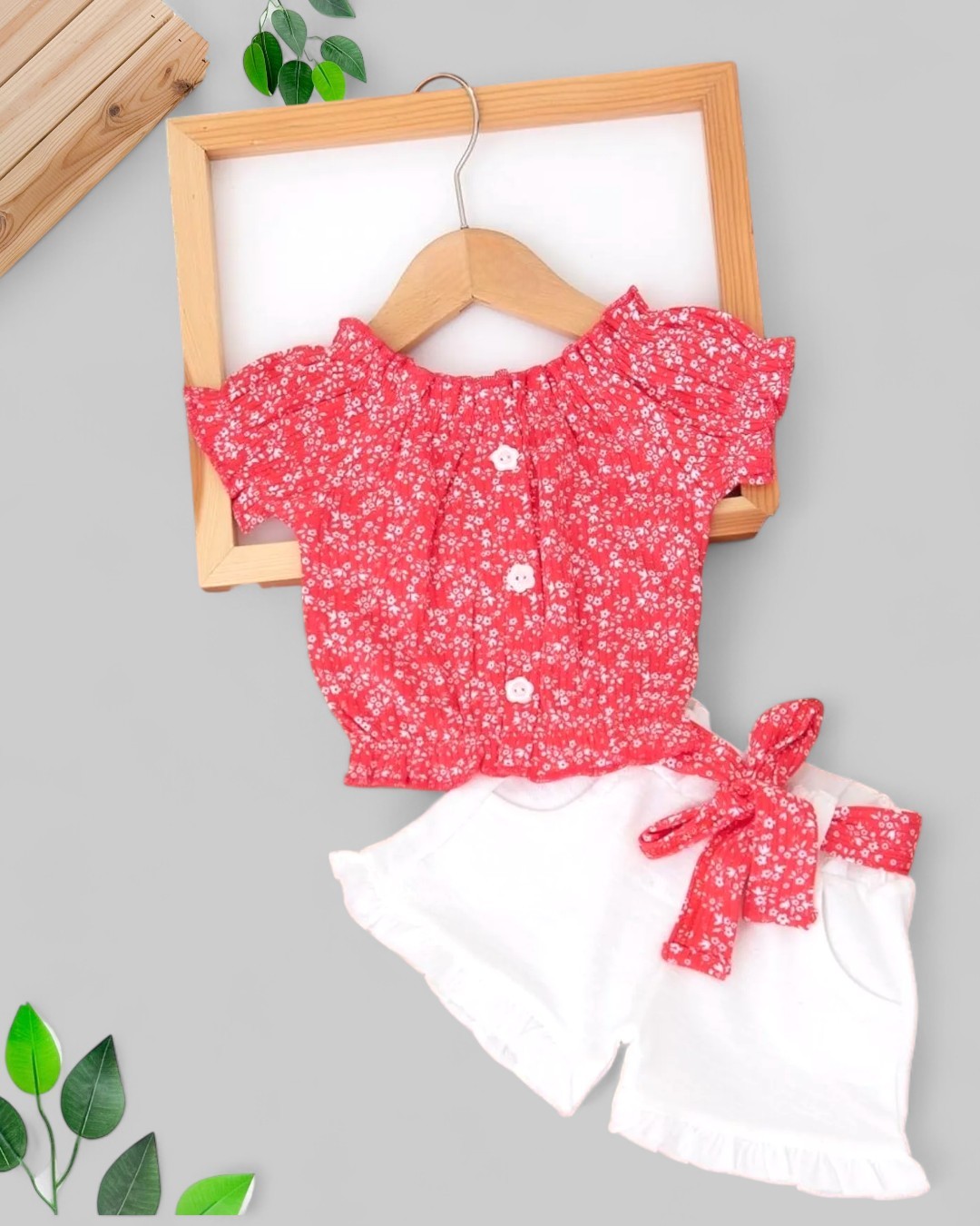 Kız Bebek Yazlık Interlok Fitilli Kumaş Çiçek Baskılı Müslin Şortlu Alt Üst Çocuk Takımı R511 - KIRMIZI