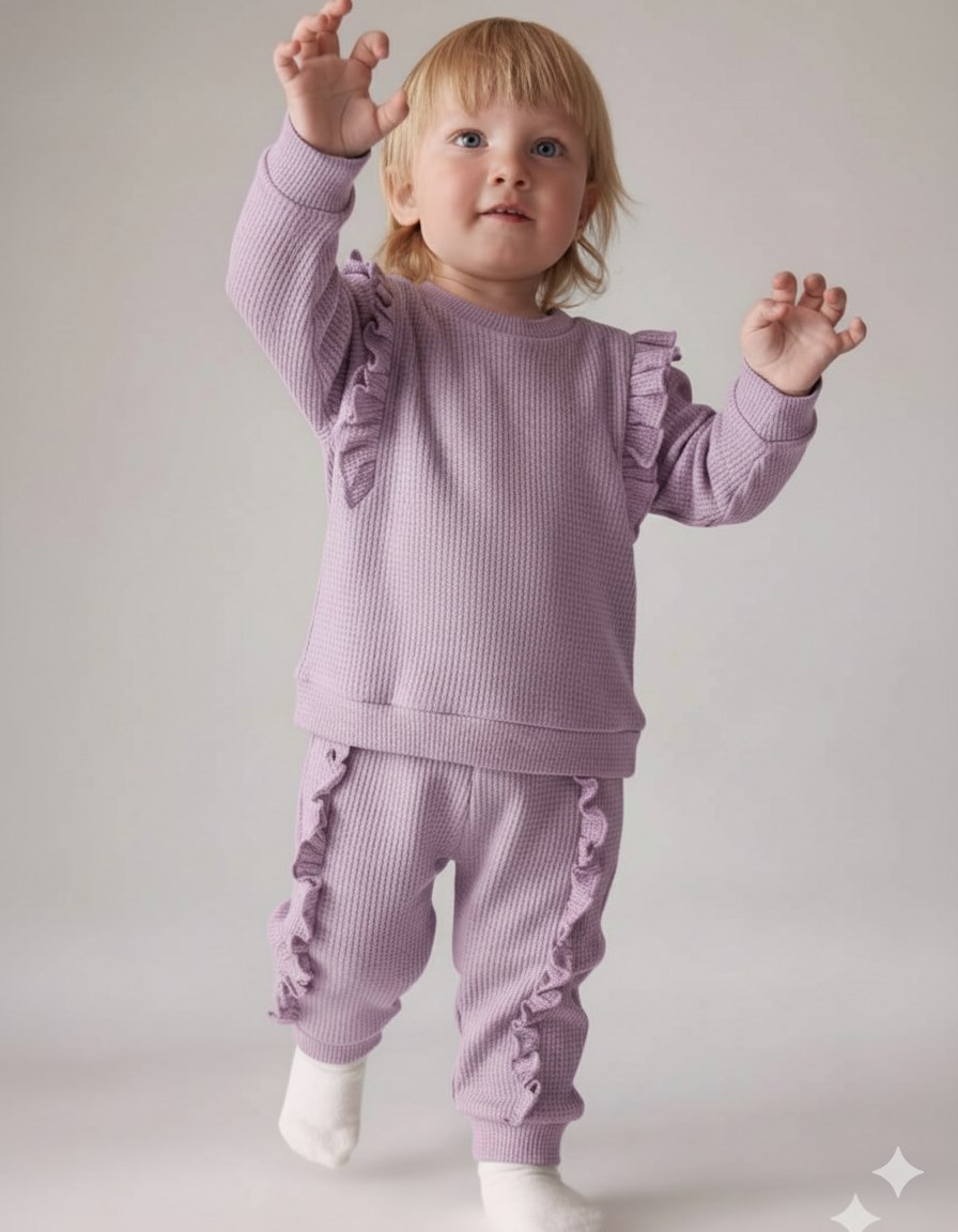 Kız Bebek Fırfılı Waffle Kumaş, Uzun Kollu, Kışlık 6-9-12-18-24 Ay Şık Kız Bebek Takımı R1108 - LİLA