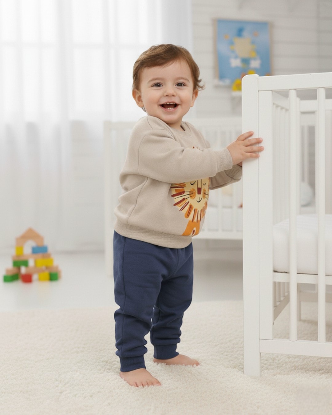 Erkek Bebek Mevsimlik Aslan Baskılı 3-6-9-12-18 Ay Uzun Kol Bisiklet Yakalı Alt Üst Eşofman Takımı R1510 - LACİVERT