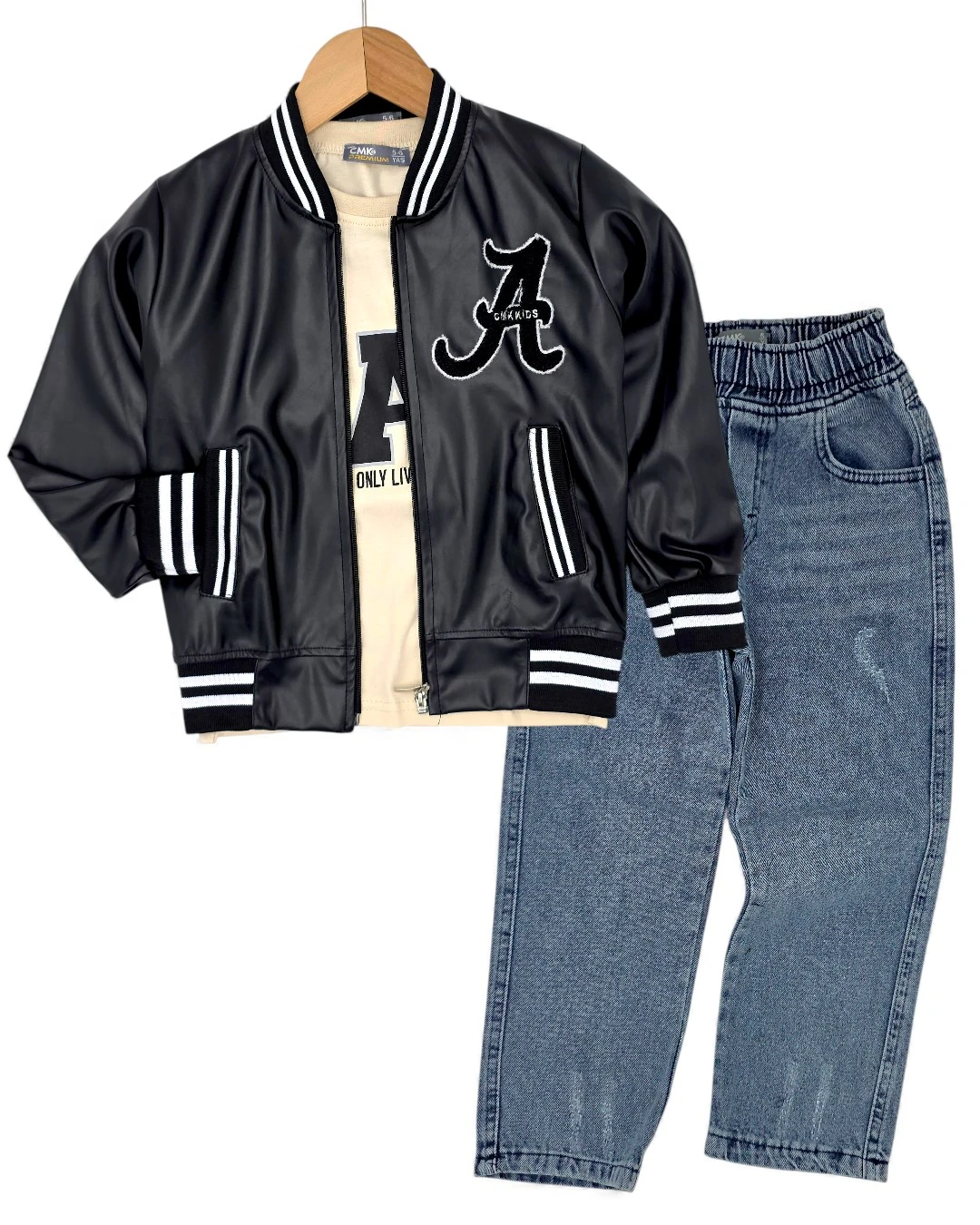 Dar Kalıp ! Erkek Çocuk 5-12 Yaş Deri Ceketli Kot Pantalonlu 3'lü Alt Üst Takım, Erkek Çocuk Jean R2402 - SİYAH