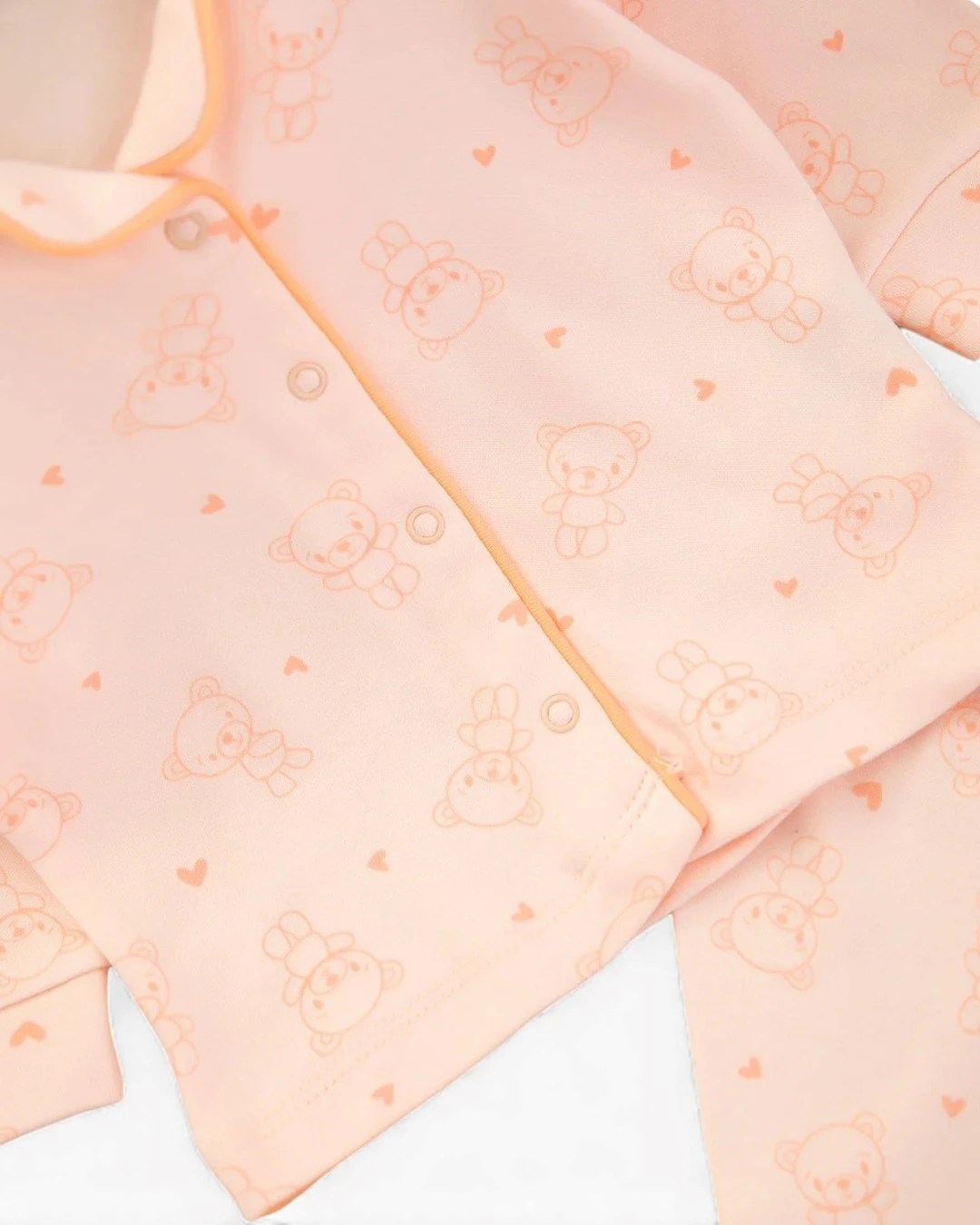 Kız Bebek Ayıcık Baskılı Kruvaze Yakalı %100 Pamuklu Lüx Gecelik Alt Üst 2'li Takım R2378