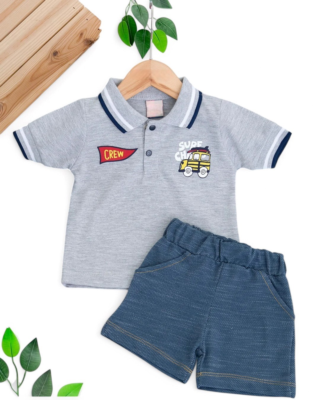 ERKEK BEBEK YAZLIK POLO YAKALI KOT GÖRÜNÜMLÜ YUMUŞAK ŞORTLU 2'Lİ 6-9-12-18-24 AY BEBEK TAKIMI R1693 - GRİ