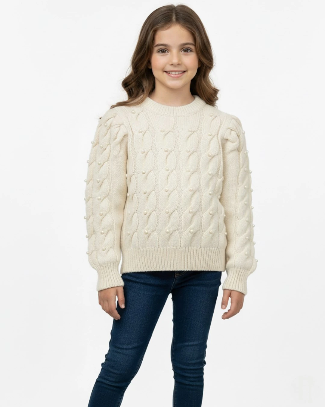 Kız Çocuk İnci İşlemeli Kalın Örme Triko Kazak 10-11-12-13-14-15 Yaş Kışlık Triko Kazak / Balon Kol R2331  - KREM