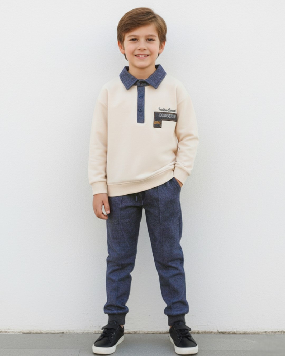 Erkek Çocuk Mevsimlik Gömlek Yakalı Sweatshirt ve Pantalonlu Alt Üst Şık Takım 4-11 Yaş R2262 - KOYU LACİ