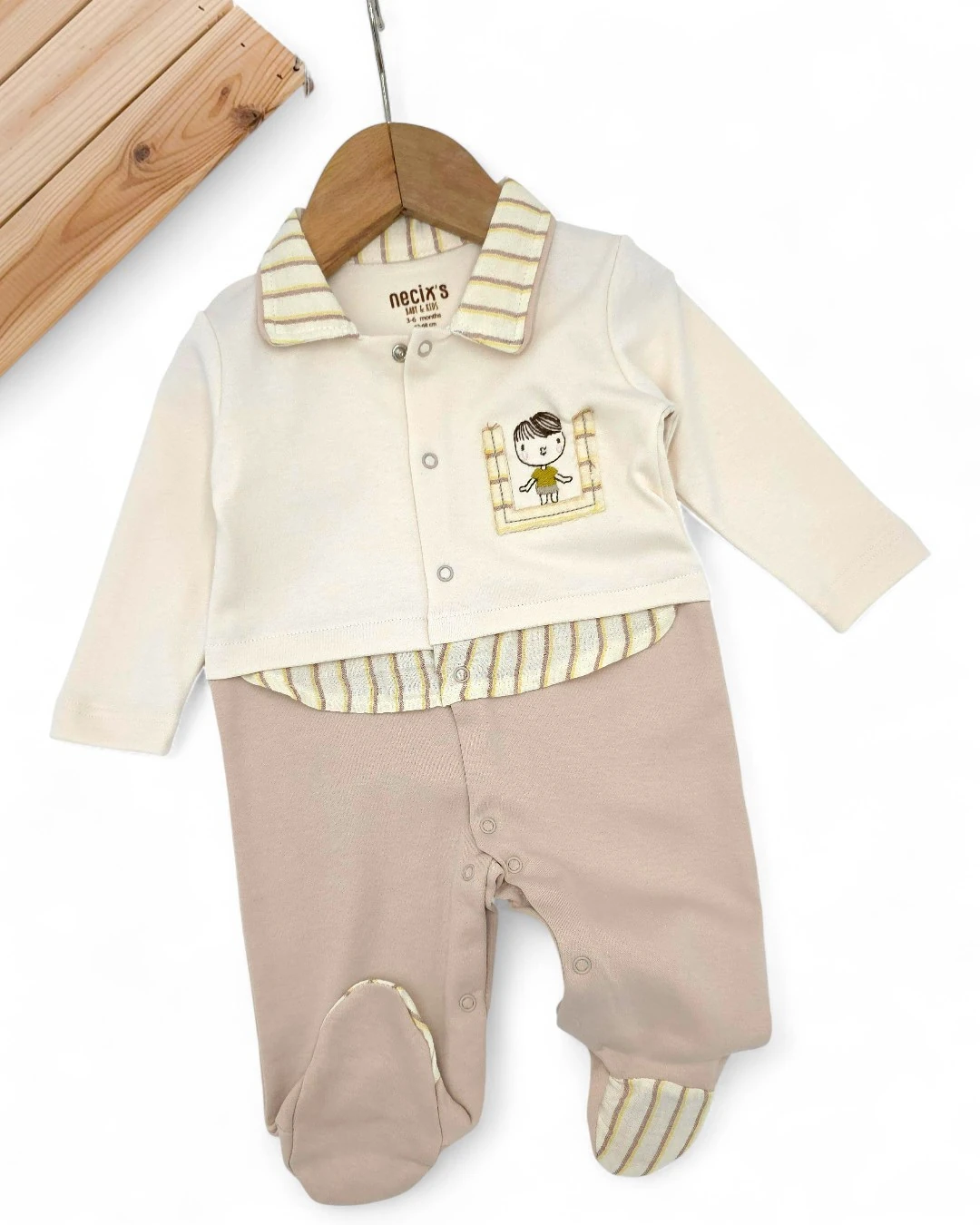 Erkek Bebek Yeni Doğan Bebek Tulumu, 0-3-6 Aylık Süveter Görünümlü Şık Yakalı Bebek Tulum R2374